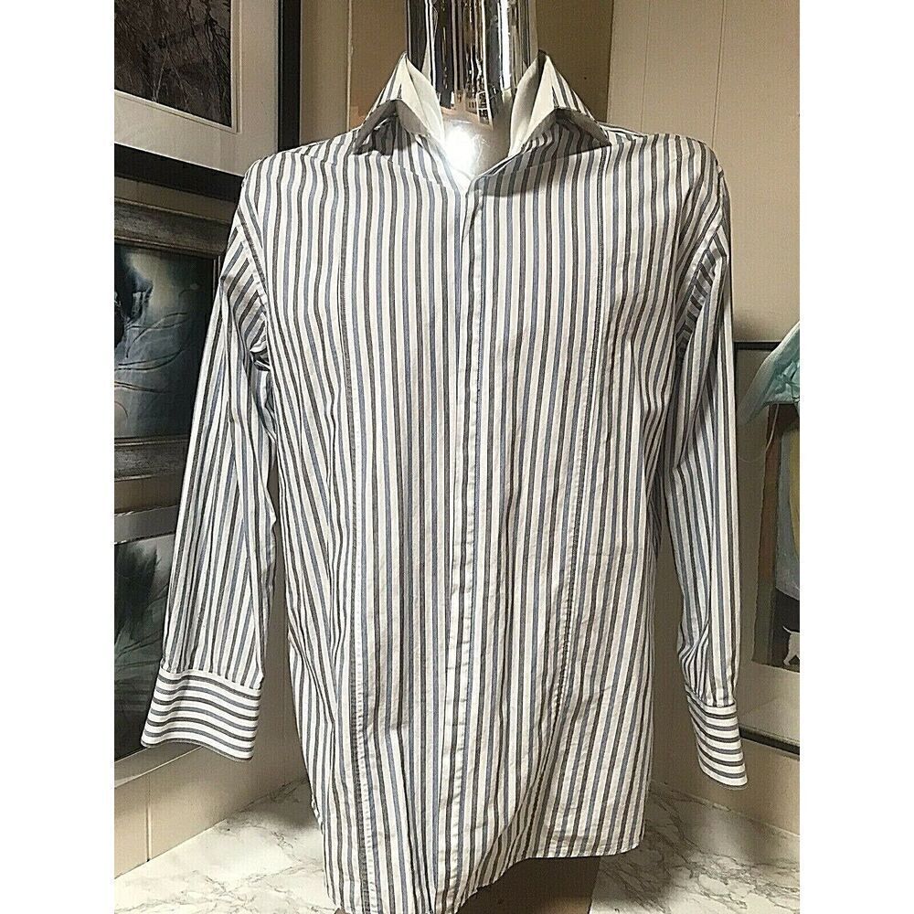 ABS Allen Schwartz Mens 16.5 32 Blue White Striped Long Sleeved Button Shirt